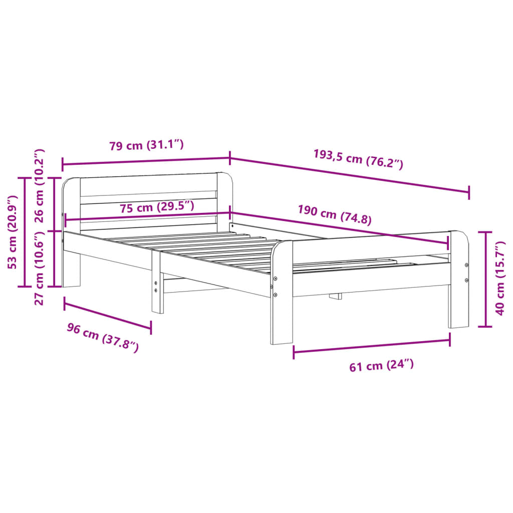Sengeramme uten madrass voksbrun 75x190 cm heltre furu