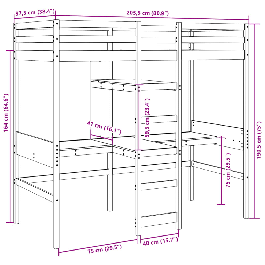 Ramme loftseng skrivebord hyller voksbrun 90x200 cm heltre furu