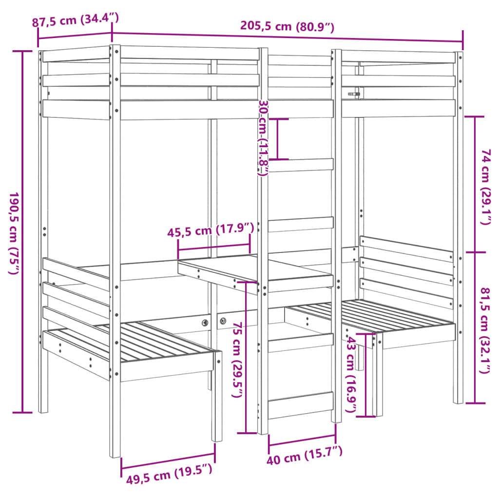 Ramme for loftseng skrivebord og stoler 80x200 cm heltre furu