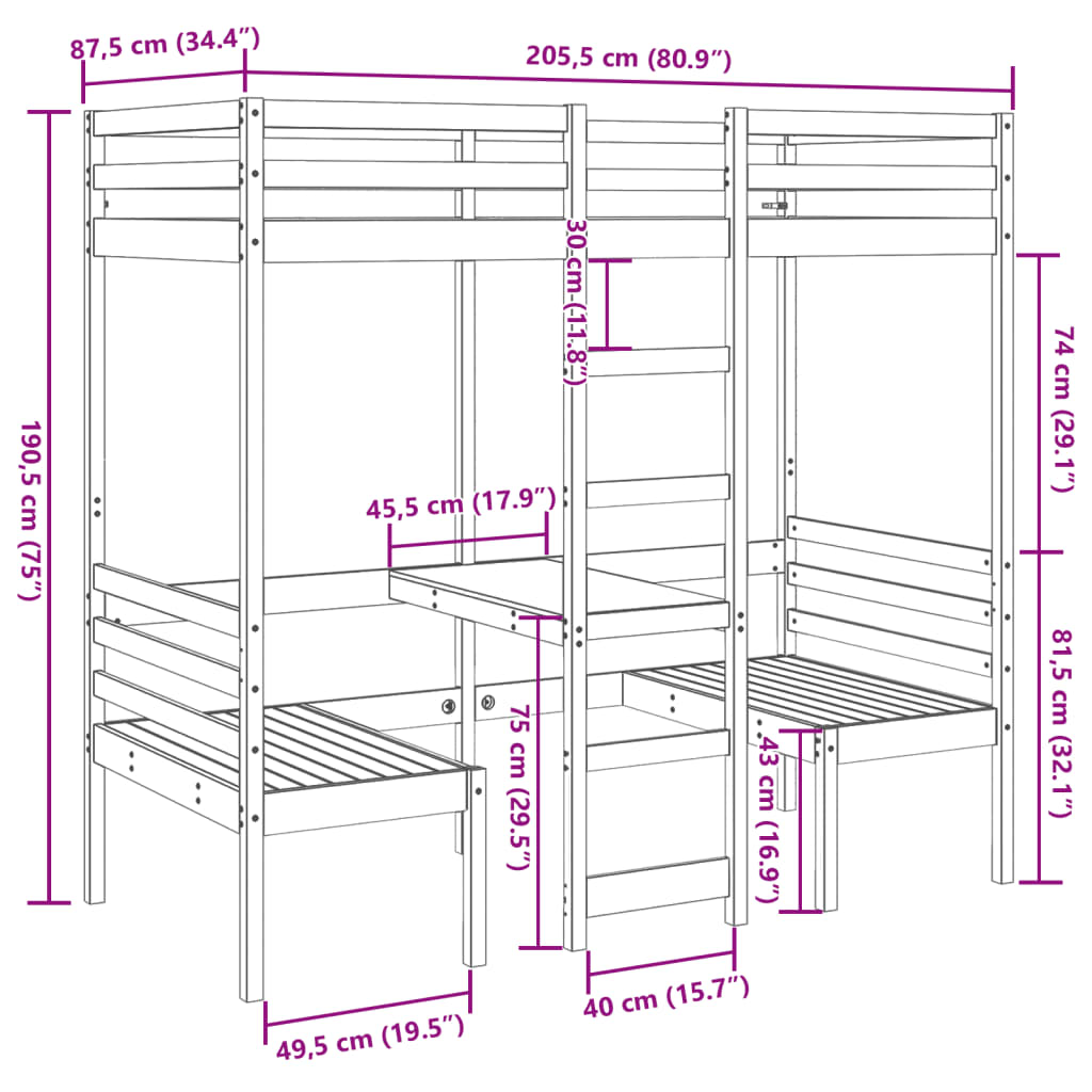 Ramme loftseng skrivebord stoler voksbrun 80x200 cm heltre furu