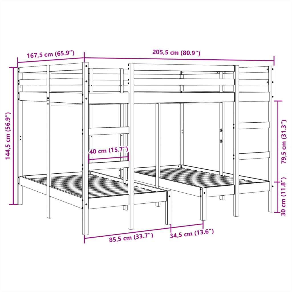 Trippel ramme for køyeseng 160x200/80x160 cm heltre furu