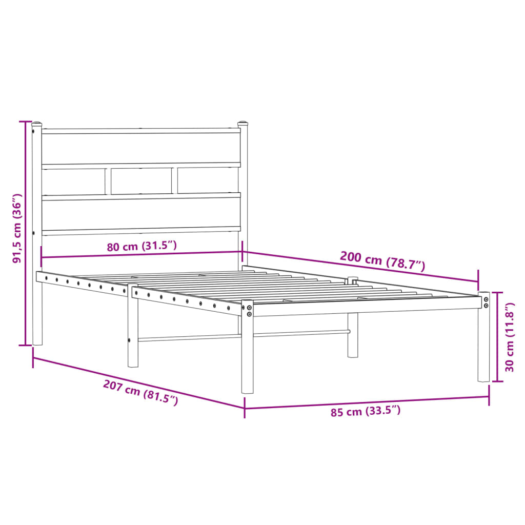 Sengeramme i metall uten madrass røkt eik 80x200 cm