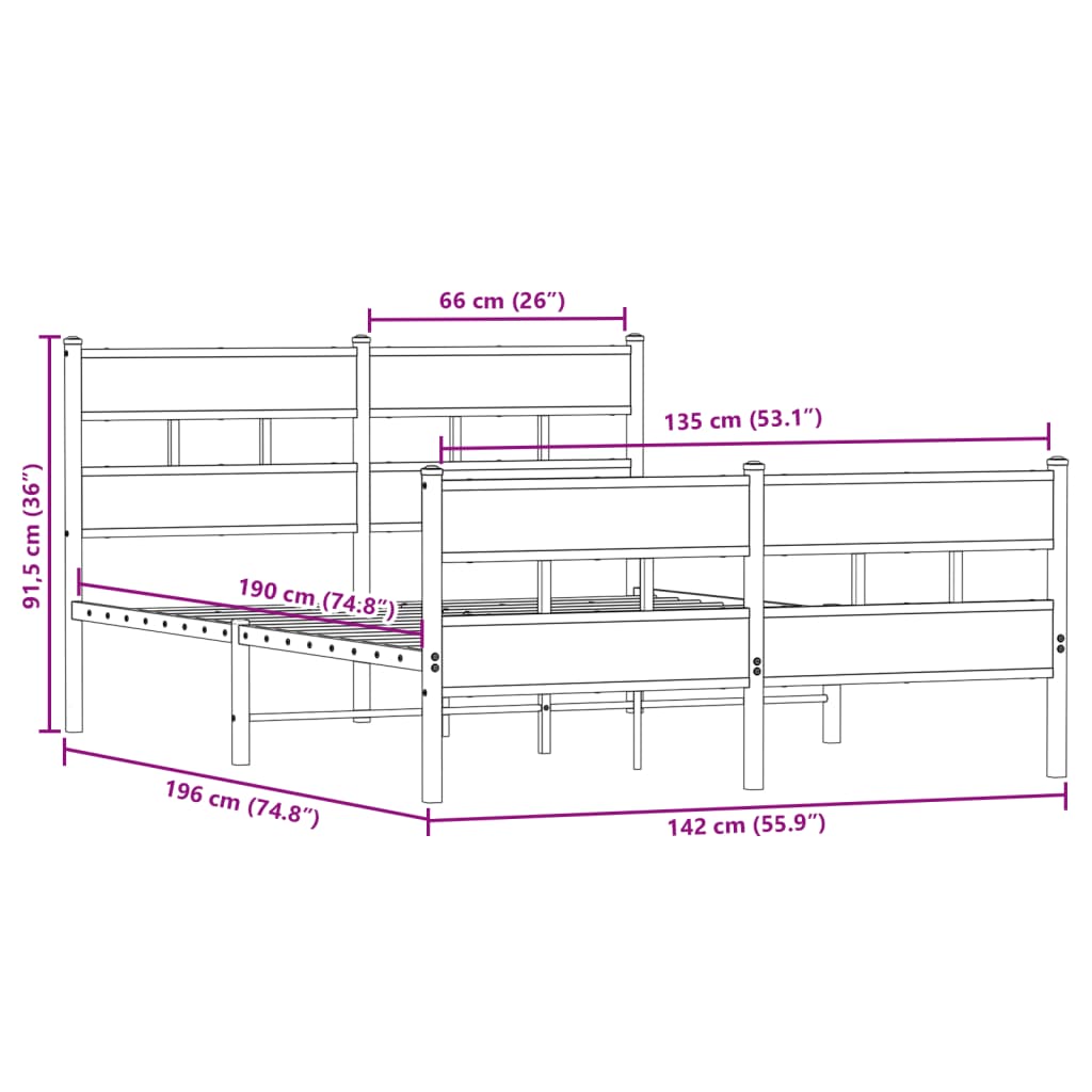 Sengeramme i metall uten madrass røkt eik 135x190 cm