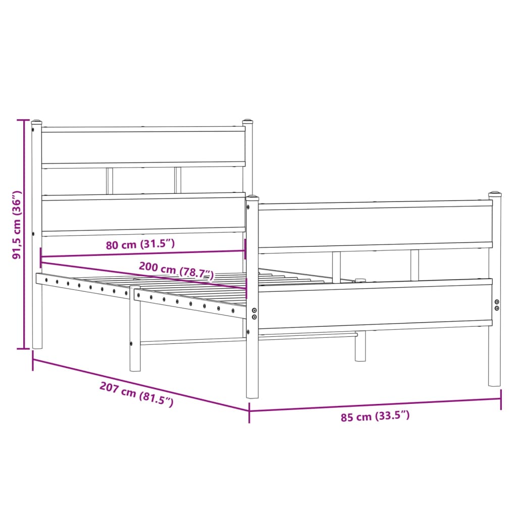 Sengeramme i metall uten madrass sonoma eik 80x200 cm