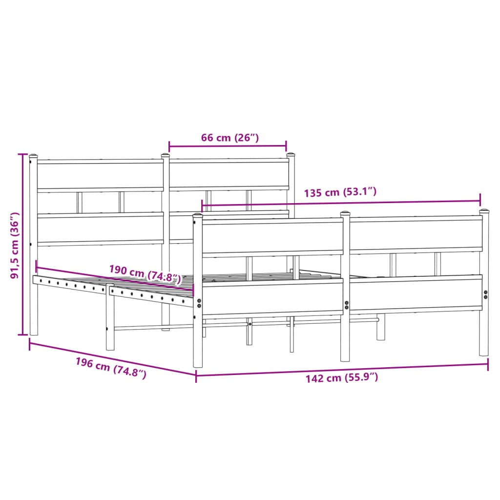 Sengeramme i metall uten madrass sonoma eik 135x190 cm