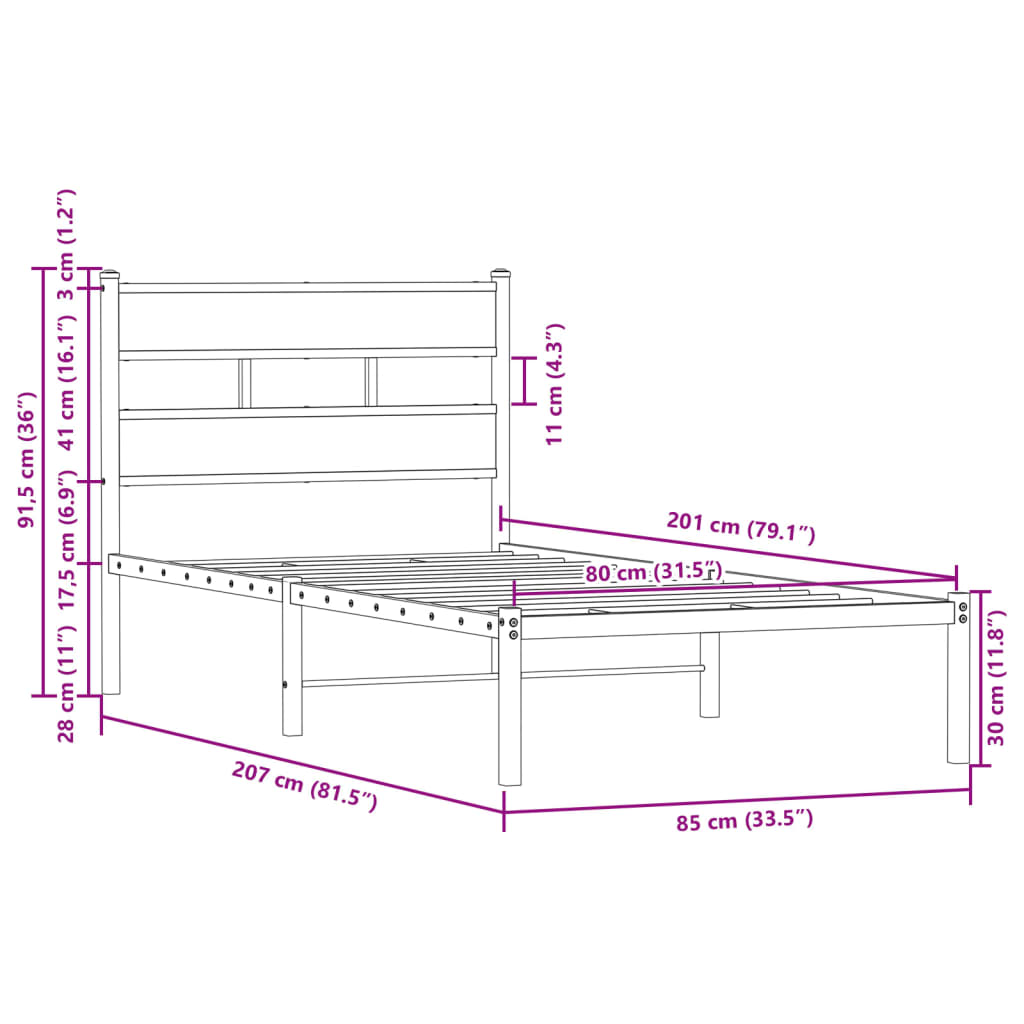 Sengeramme uten madrass med hodegavl brun eik 80x200 cm