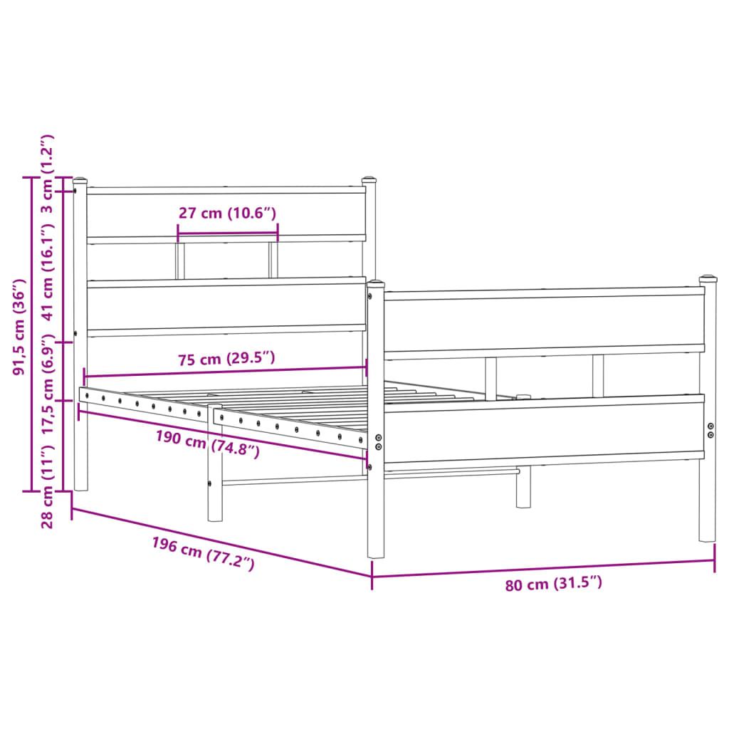 Sengeramme uten madrass med fotgavl brun eik 75x190 cm