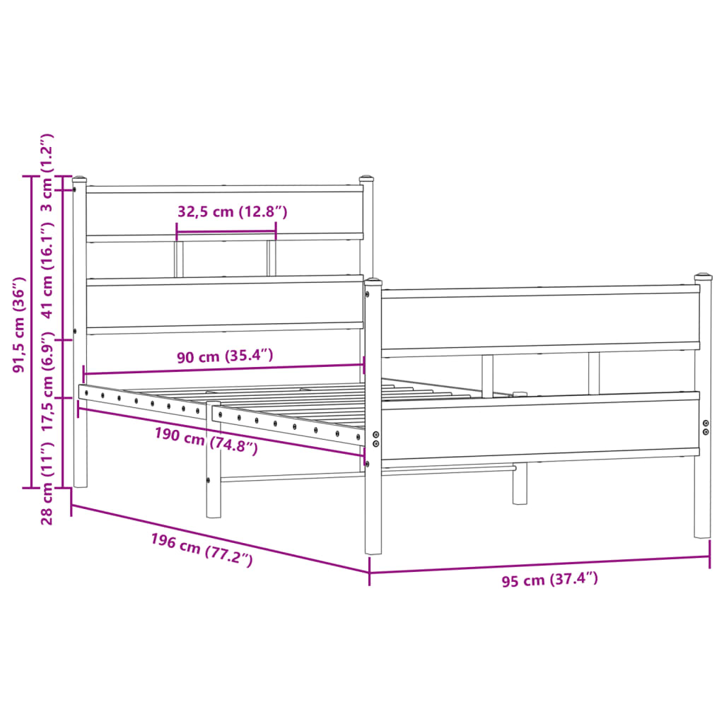Sengeramme uten madrass med hodegavl og fotgavl 90x190 cm