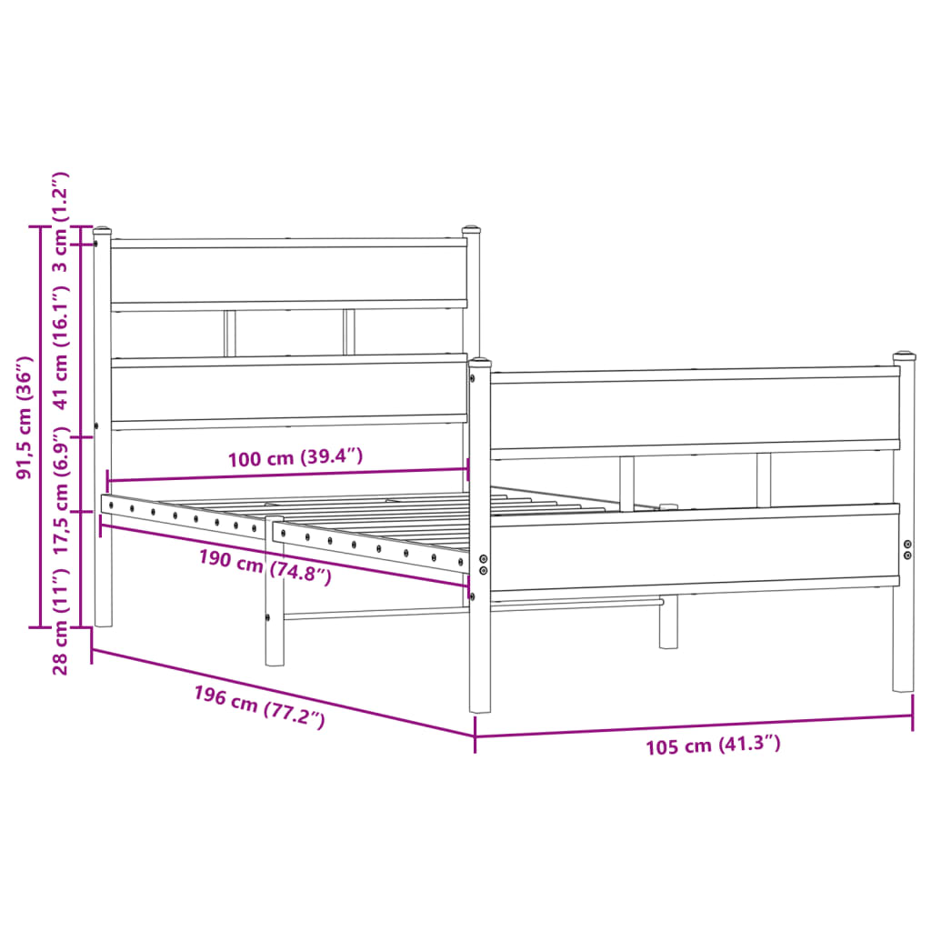Sengeramme uten madrass med hodegavl og fotgavl 100x190 cm