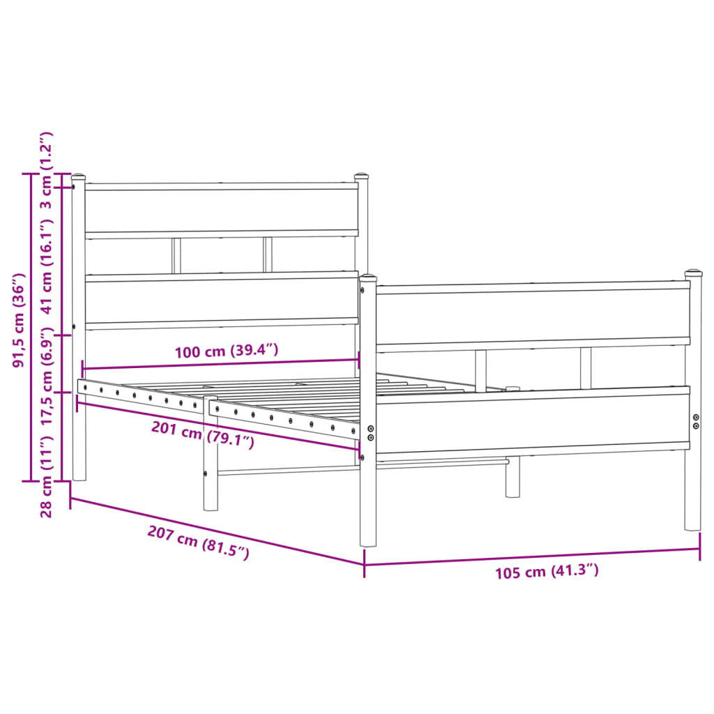 Sengeramme uten madrass med hodegavl og fotgavl 100x200 cm