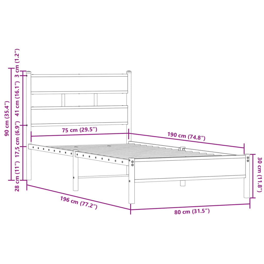 Sengeramme uten madrass med hodegavl sonoma eik 75x190 cm