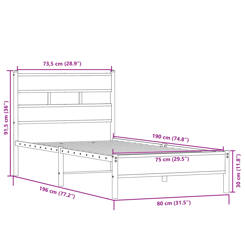 Sengeramme uten madrass sonoma eik 75x190 cm konstruert tre