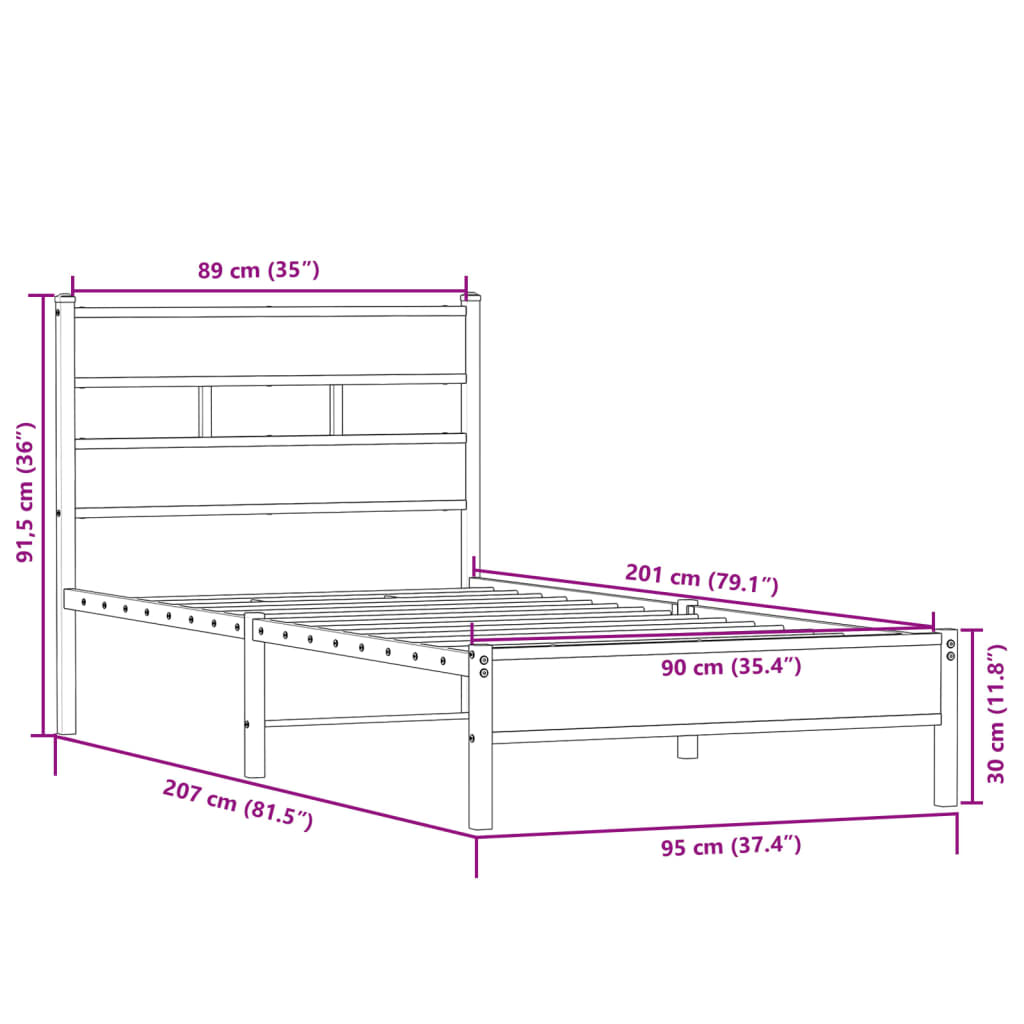 Sengeramme uten madrass sonoma eik 90x200 cm konstruert tre