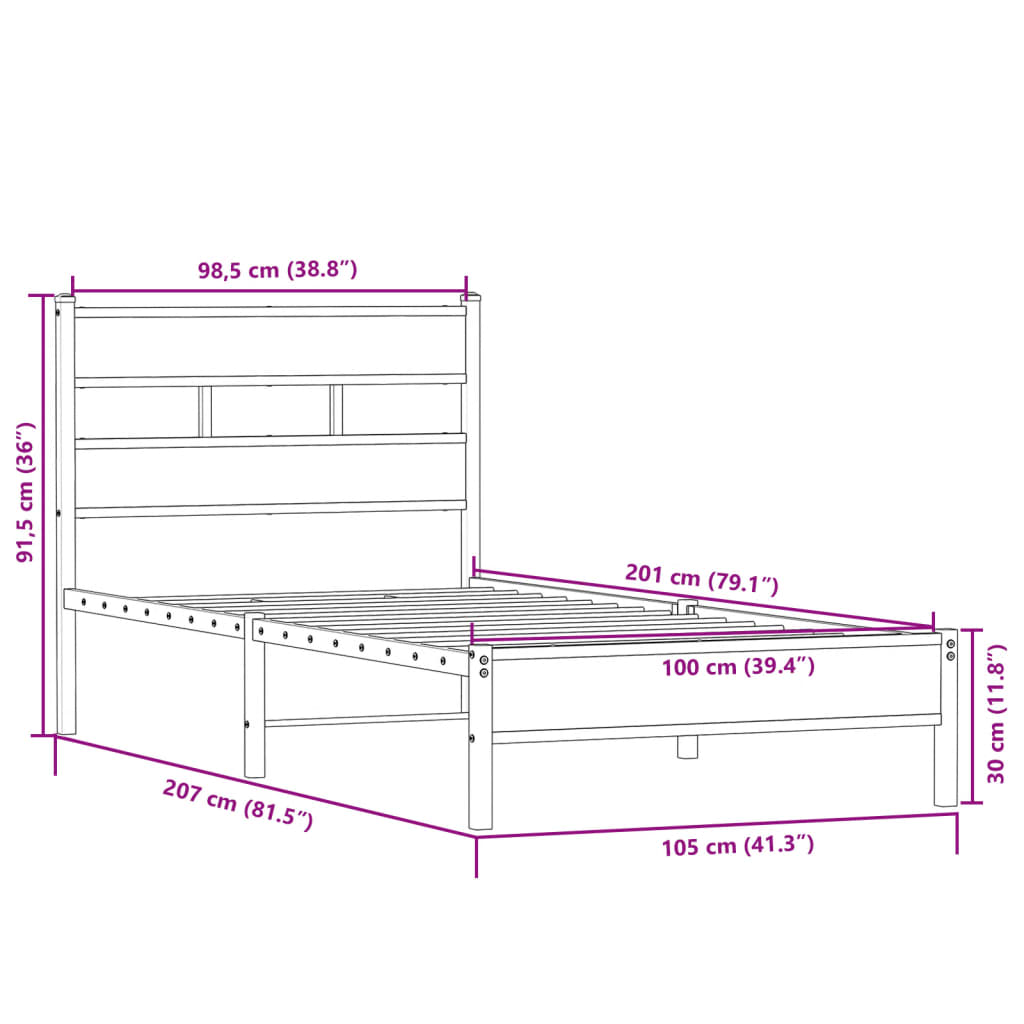 Sengeramme uten madrass sonoma eik 100x200 cm konstruert tre