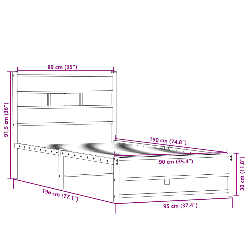 Sengeramme i metall uten madrass sonoma eik 90x190 cm