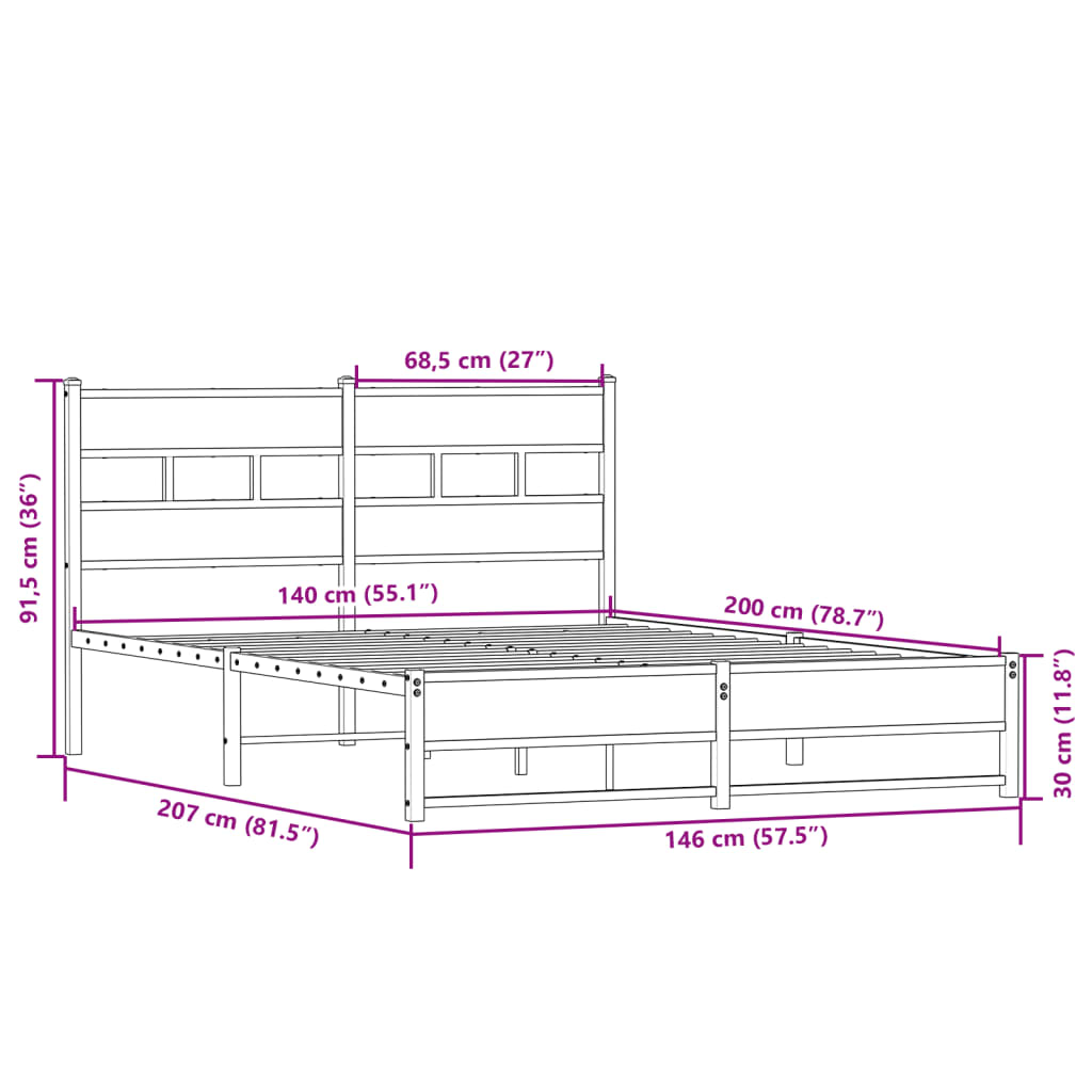 Sengeramme i metall uten madrass sonoma eik 140x200 cm