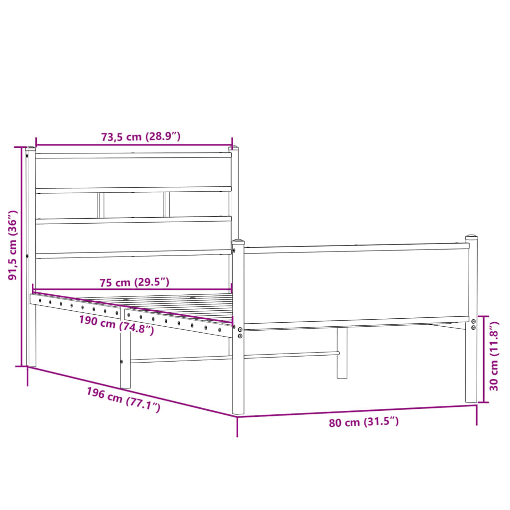 Sengeramme uten madrass sonoma eik 75x190 cm konstruert tre