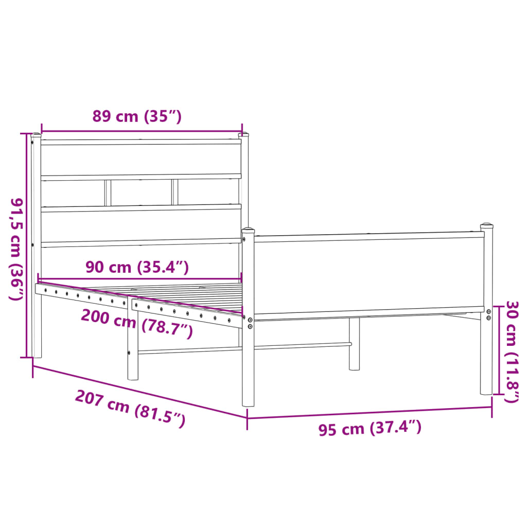 Sengeramme uten madrass sonoma eik 90x200 cm konstruert tre