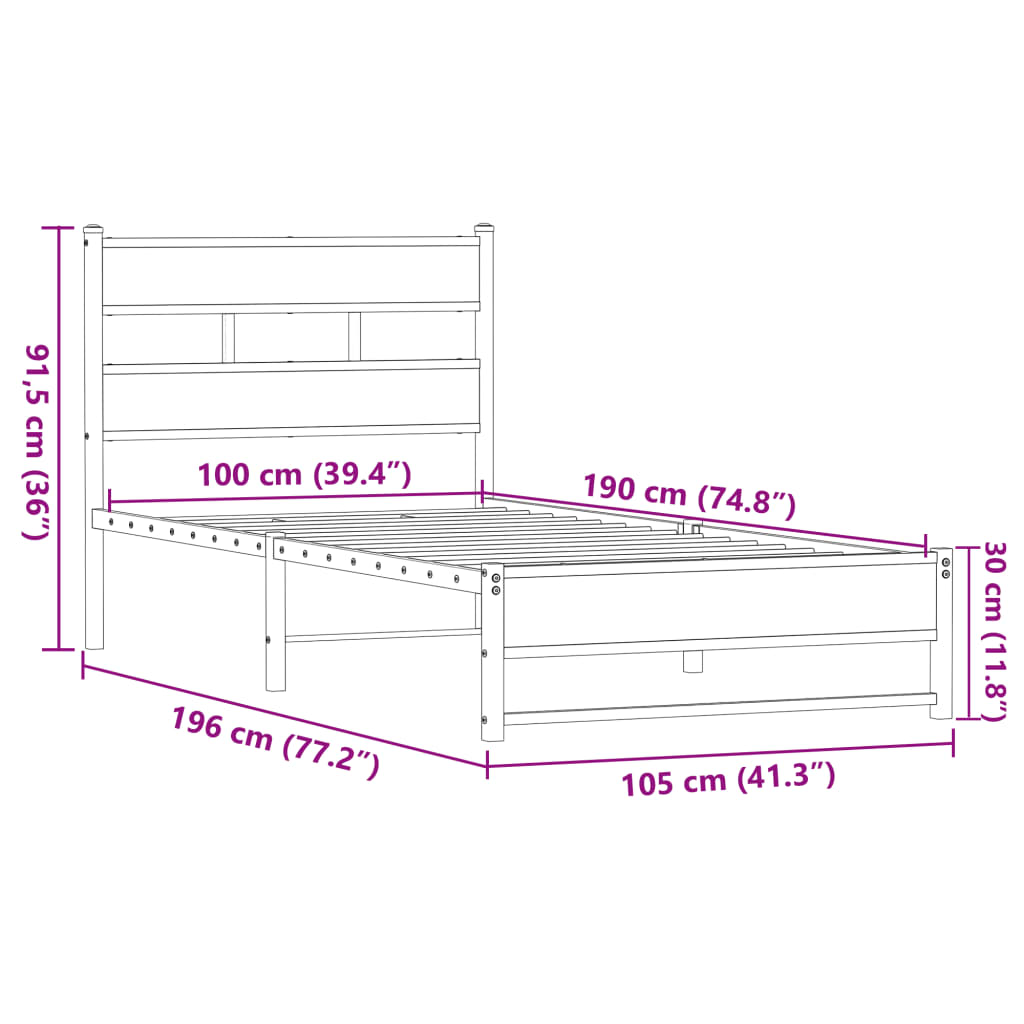 Sengeramme i metall uten madrass brun eik 100x190 cm vidaXL