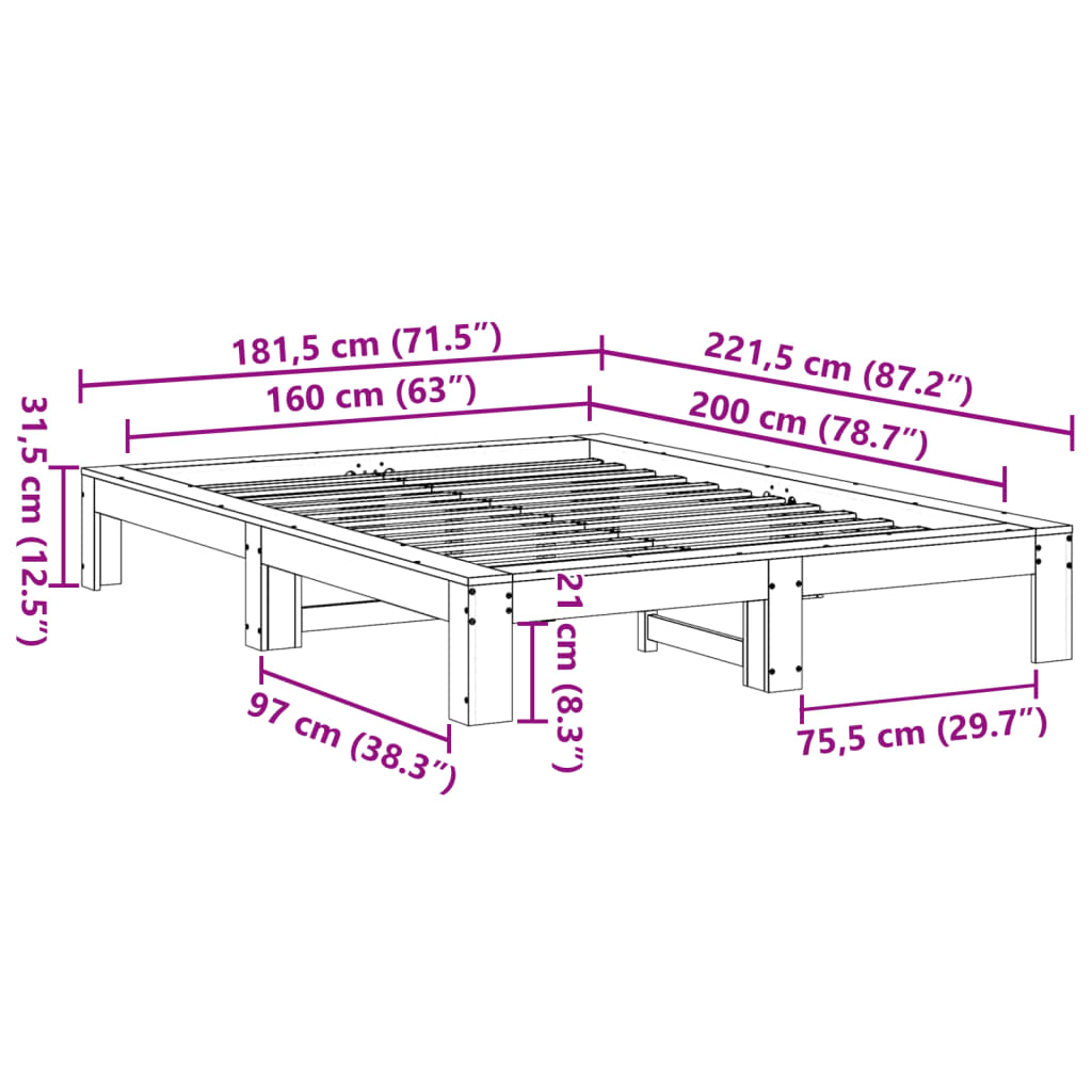 Sengeramme uten madrass voksbrun 160x200 cm heltre furu
