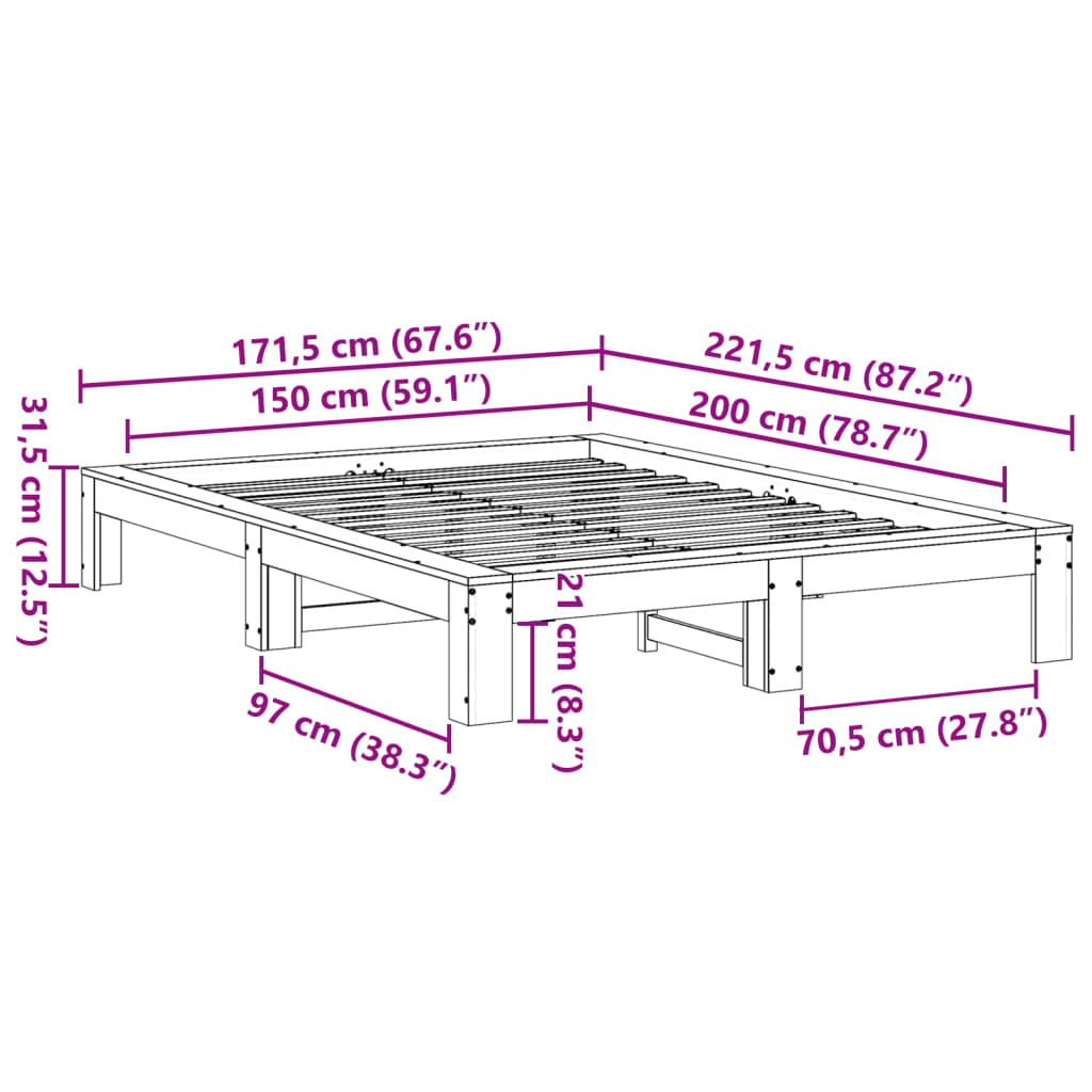 Sengeramme uten madrass hvit 150x200 cm heltre furu