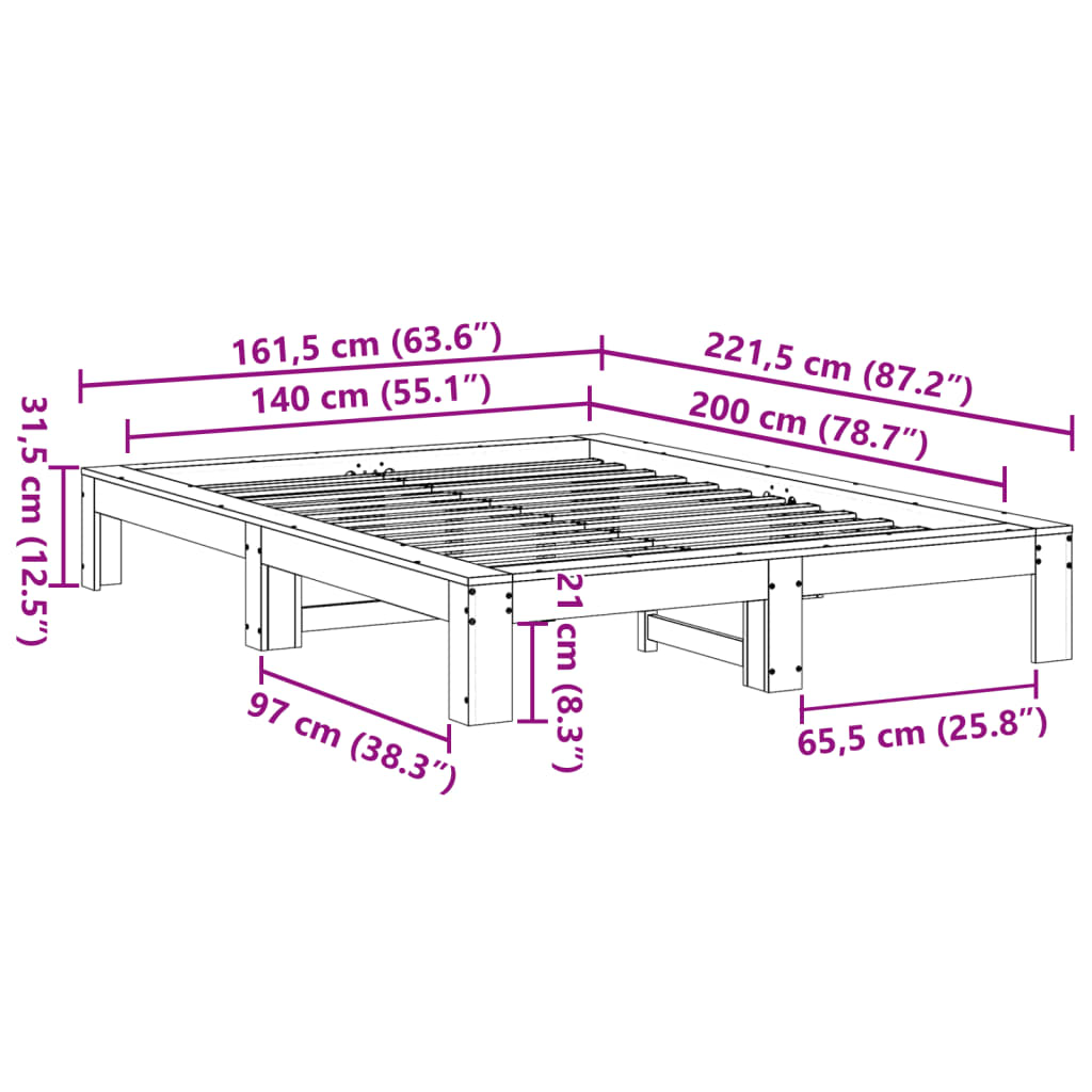 Sengeramme uten madrass hvit 140x200 cm heltre furu