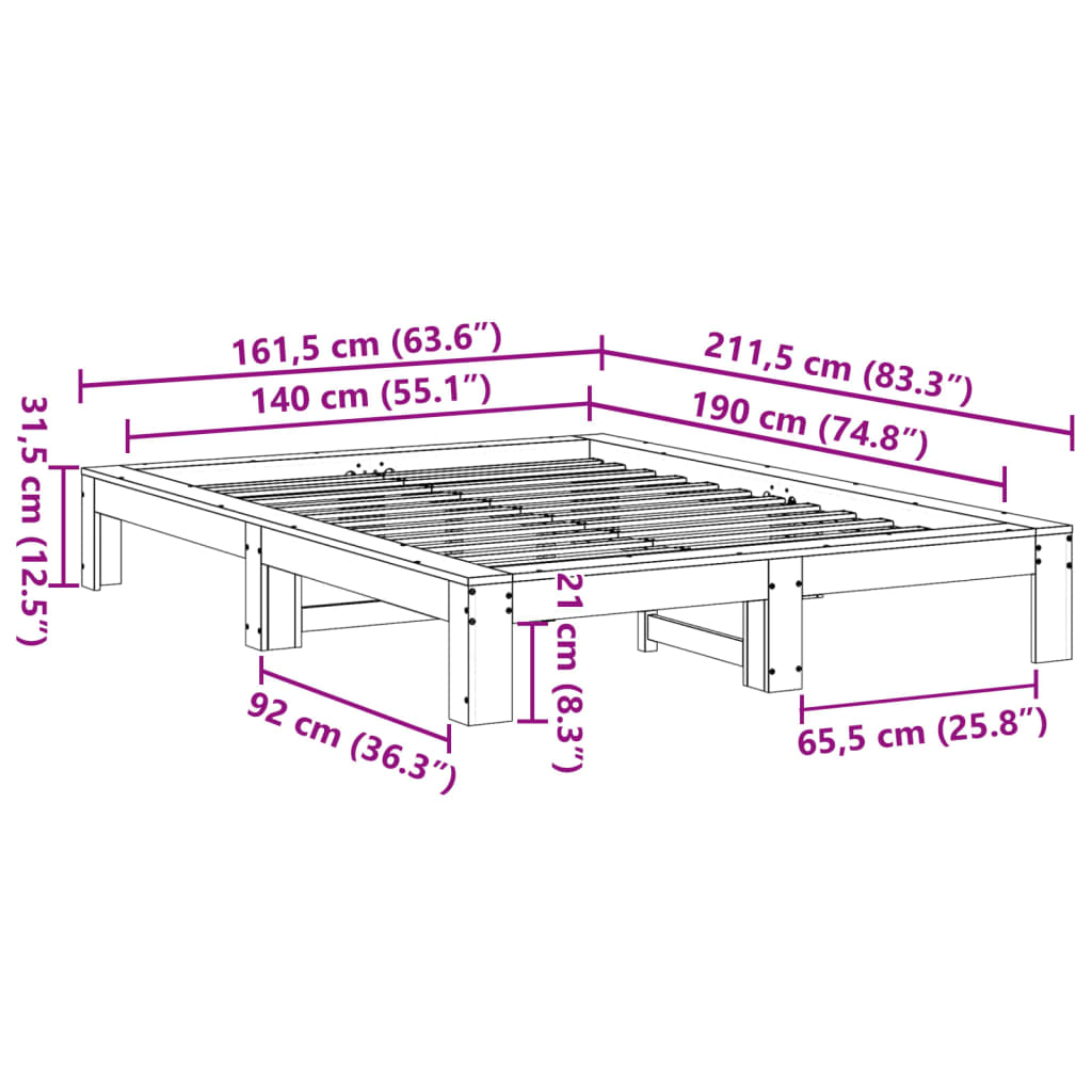 Sengeramme uten madrass hvit 140x190 cm heltre furu