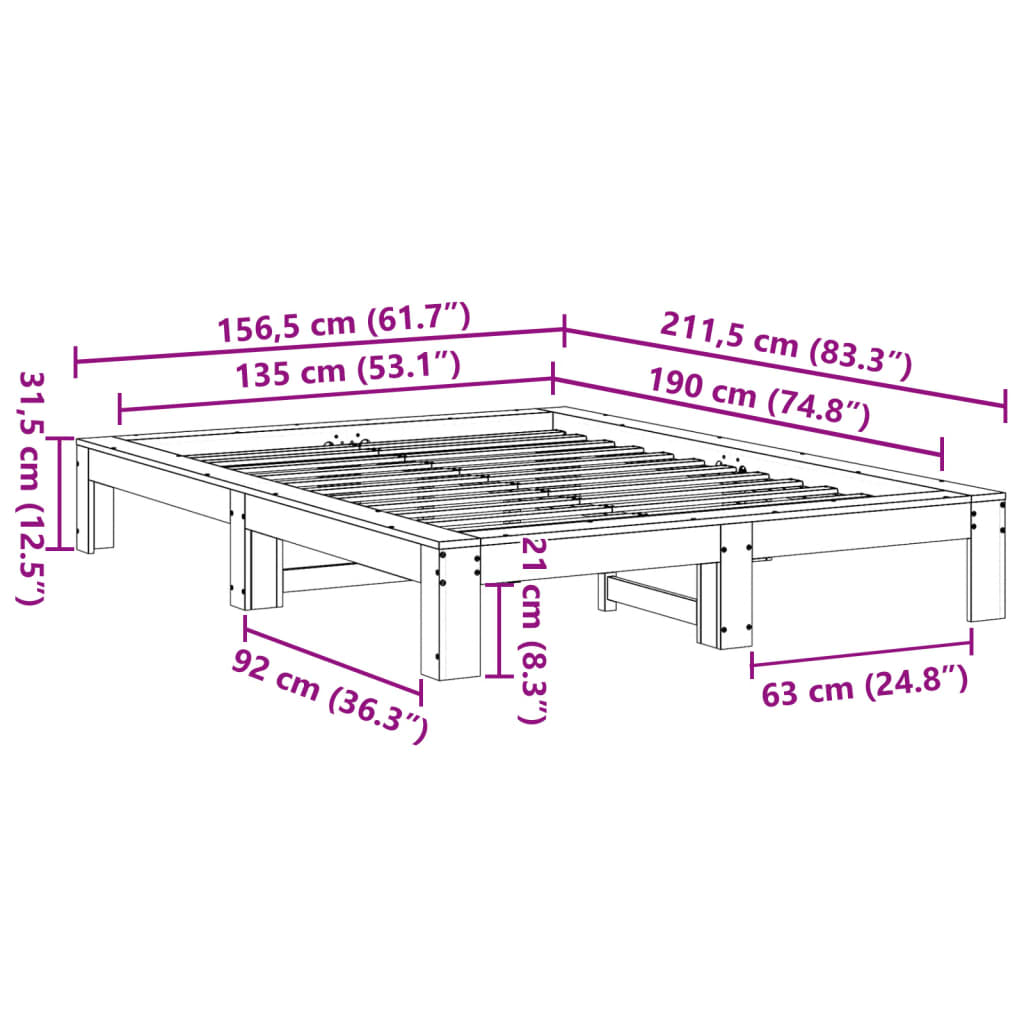 Sengeramme uten madrass hvit 135x190 cm heltre furu