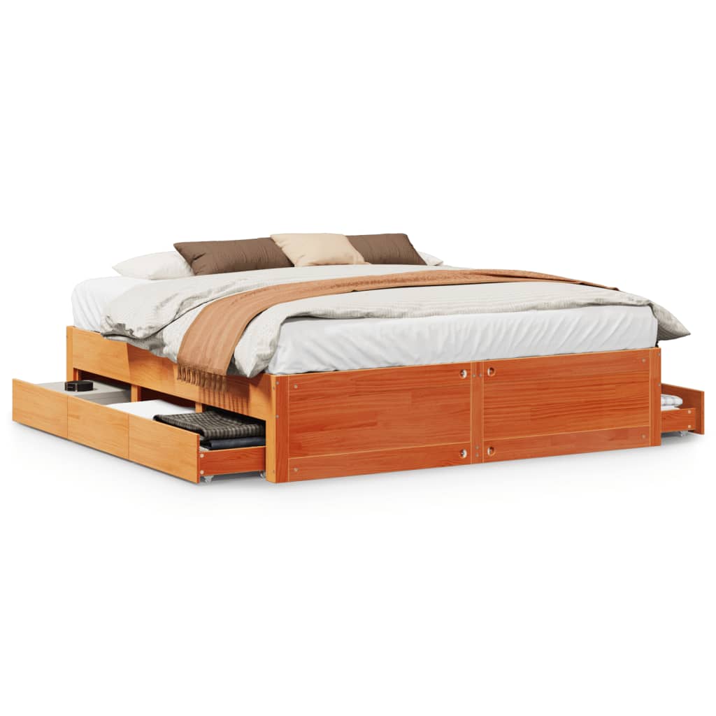 Sengeramme uten madrass med skuffer brun 180x200 cm heltre furu