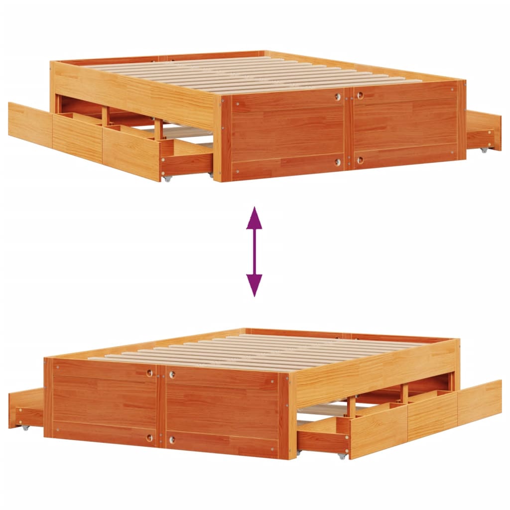 Sengeramme uten madrass med skuffer brun 140x200 cm heltre furu