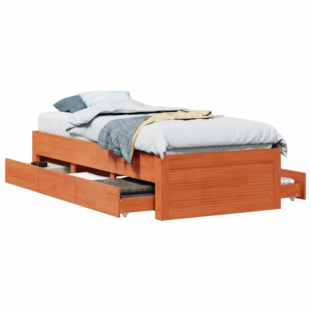 Sengeramme uten madrass med skuffer brun 90x190 cm heltre furu