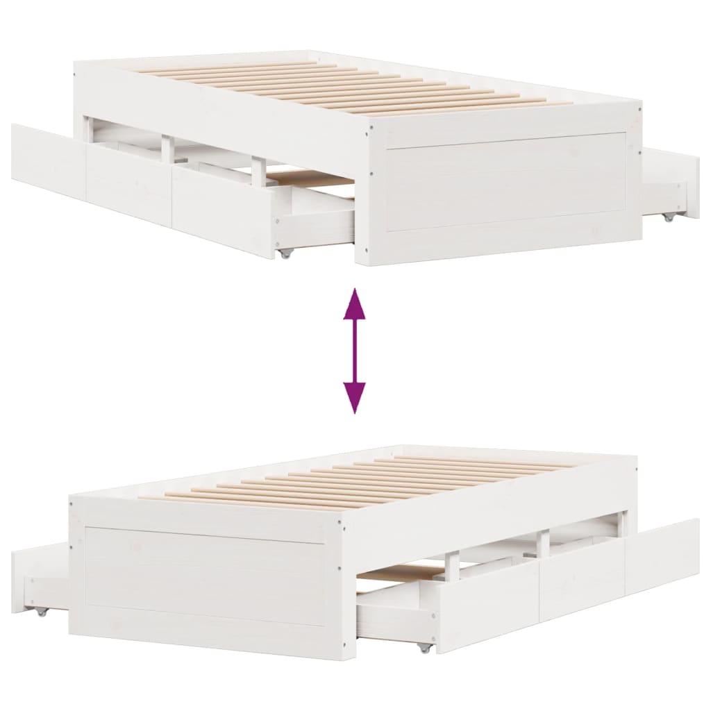 Sengeramme uten madrass med skuffer hvit 75x190 cm heltre furu