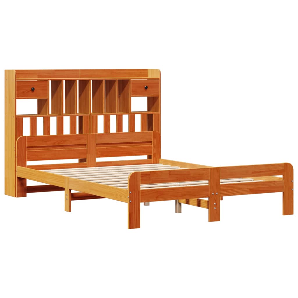 Seng med bokhylle uten madrass voksbrun 160x200 cm heltre furu