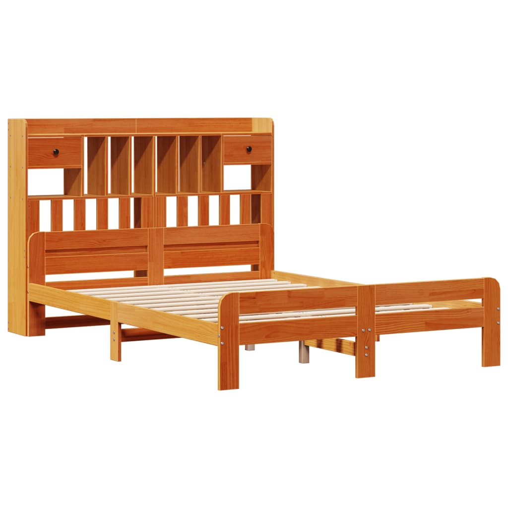 Seng med bokhylle uten madrass voksbrun 150x200 cm heltre furu