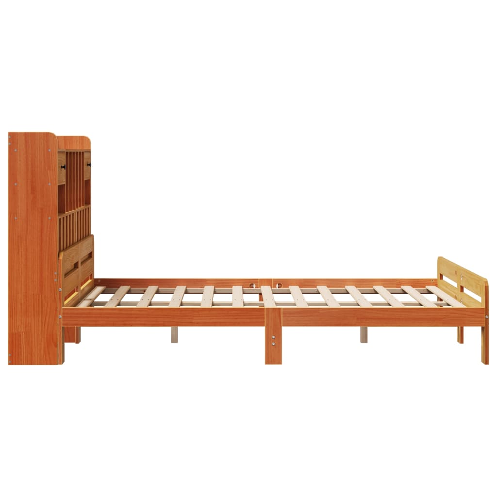 Seng med bokhylle uten madrass voksbrun 150x200 cm heltre furu