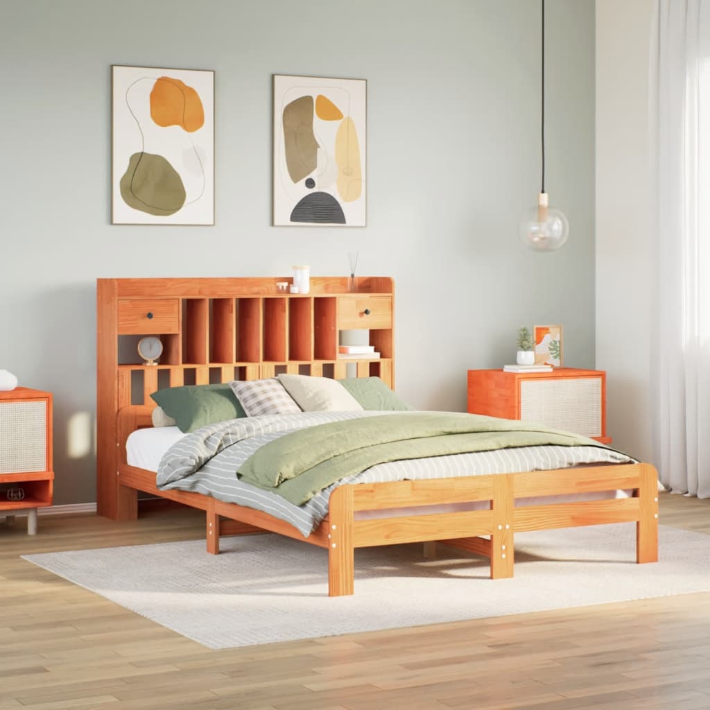 Seng med bokhylle uten madrass voksbrun 150x200 cm heltre furu