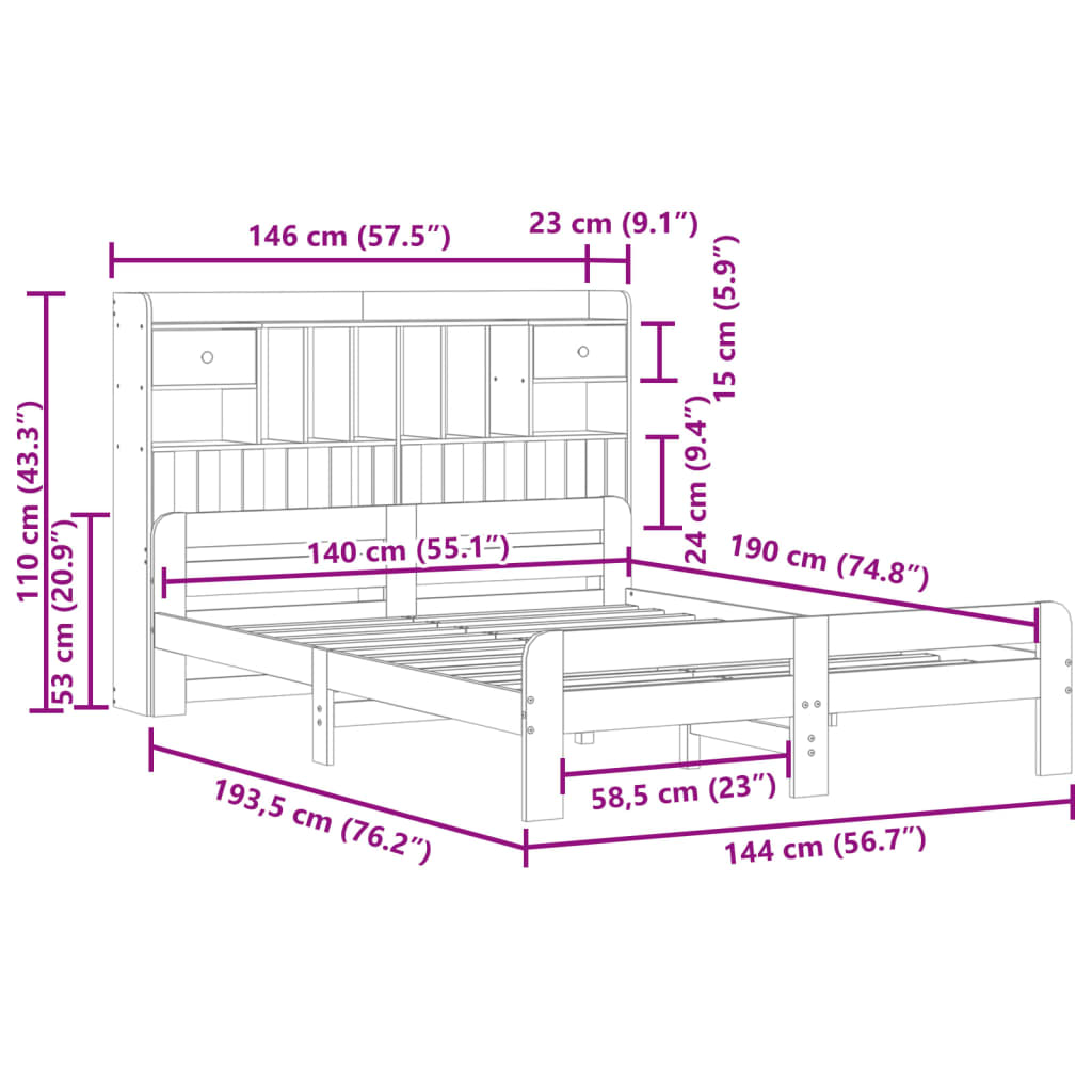 Seng med bokhylle uten madrass hvit 140x190 cm heltre furu