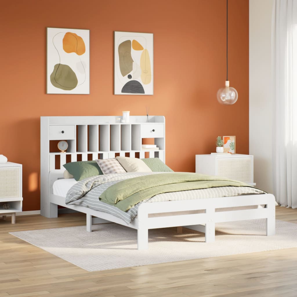 Seng med bokhylle uten madrass hvit 140x190 cm heltre furu