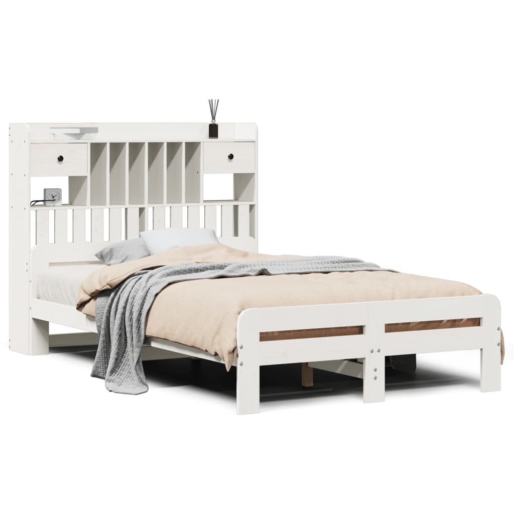 Seng med bokhylle uten madrass hvit 135x190 cm heltre furu