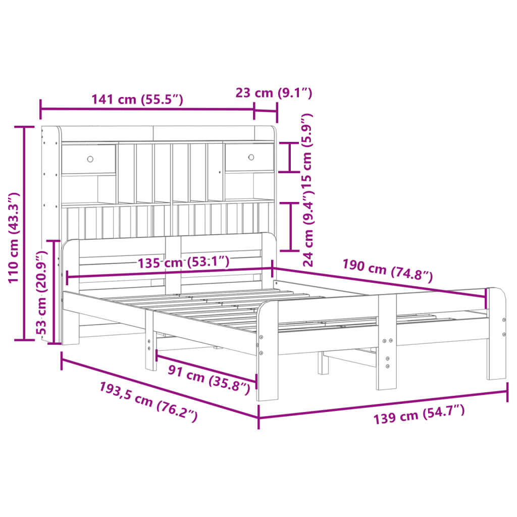 Seng med bokhylle uten madrass hvit 135x190 cm heltre furu