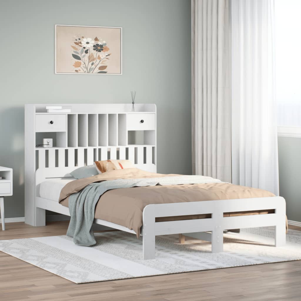 Seng med bokhylle uten madrass hvit 135x190 cm heltre furu