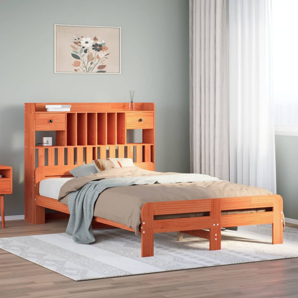 Seng med bokhylle uten madrass voksbrun 135x190 cm heltre furu