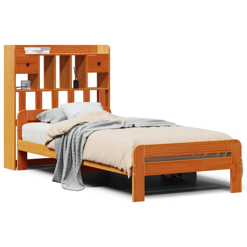 Seng med bokhylle uten madrass voksbrun 75x190 cm heltre furu