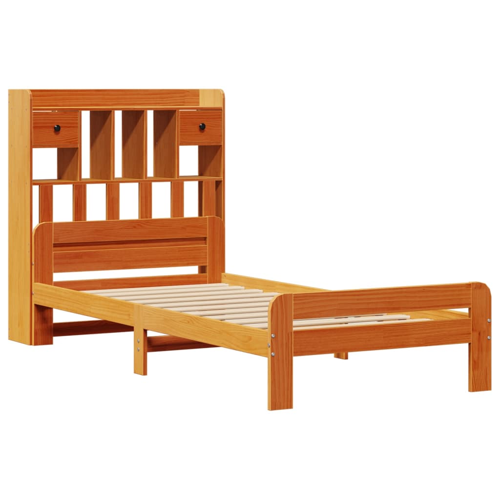 Seng med bokhylle uten madrass voksbrun 75x190 cm heltre furu