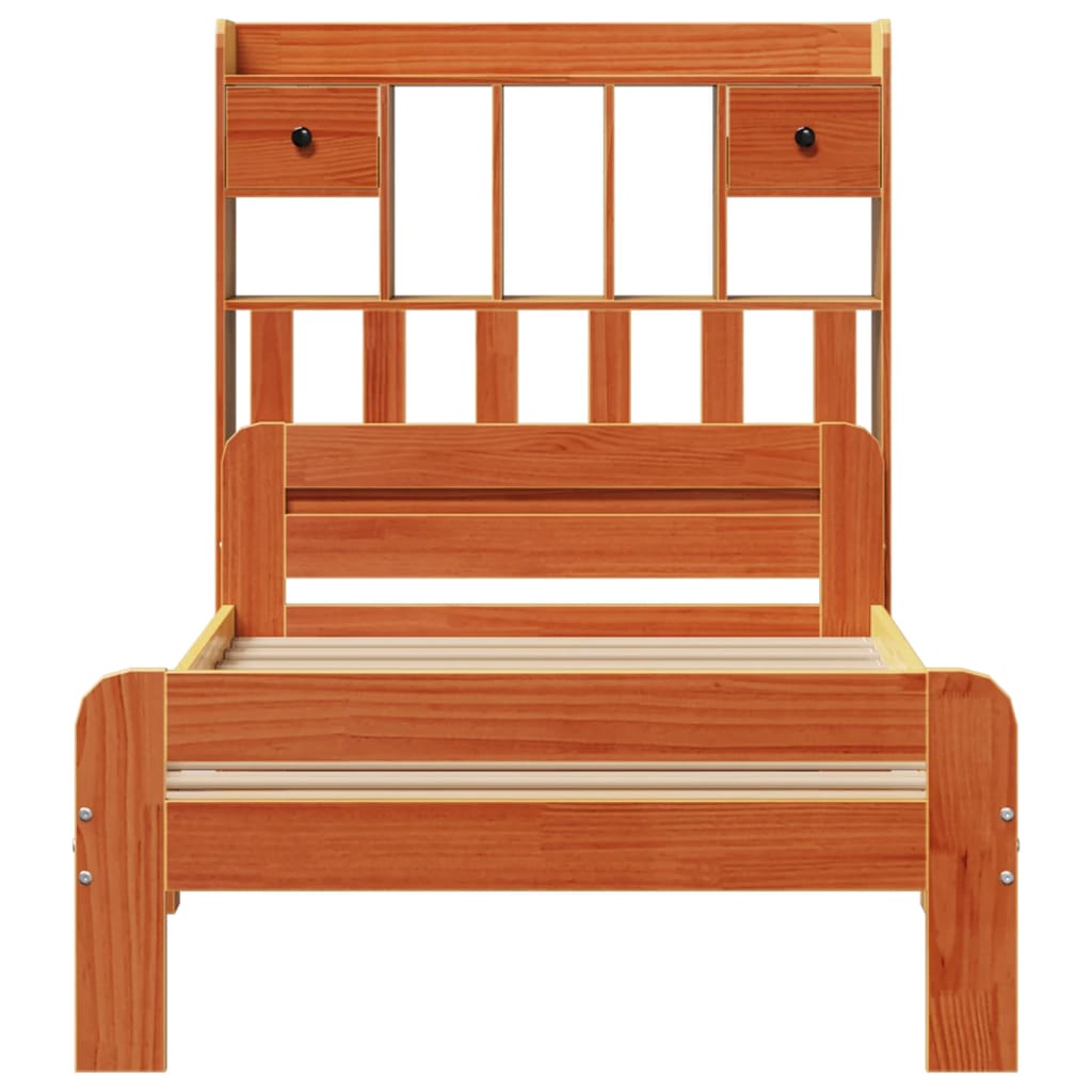 Seng med bokhylle uten madrass voksbrun 75x190 cm heltre furu