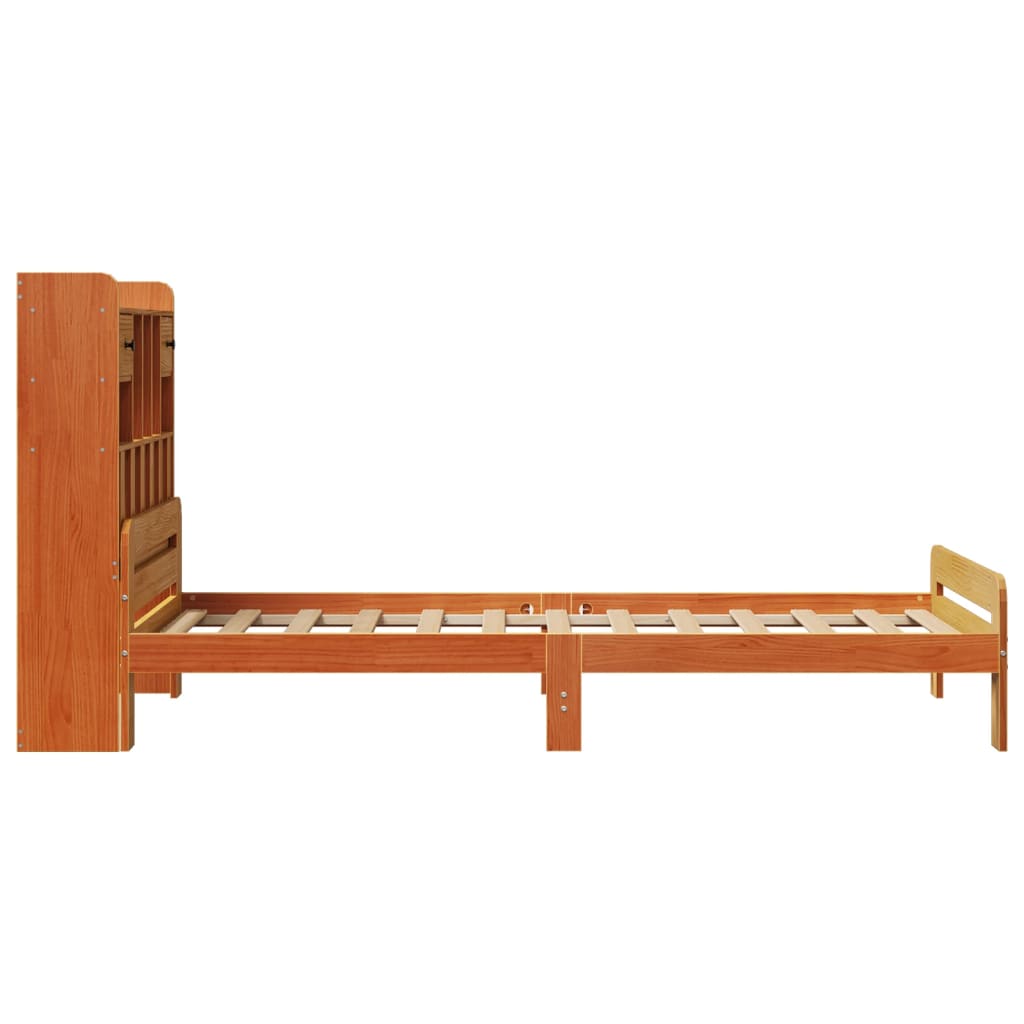 Seng med bokhylle uten madrass voksbrun 75x190 cm heltre furu