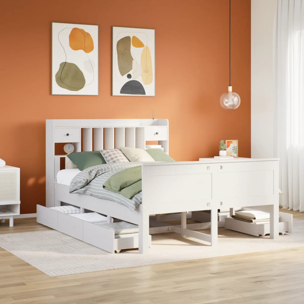 Seng med bokhylle uten madrass hvit 150x200 cm heltre furu