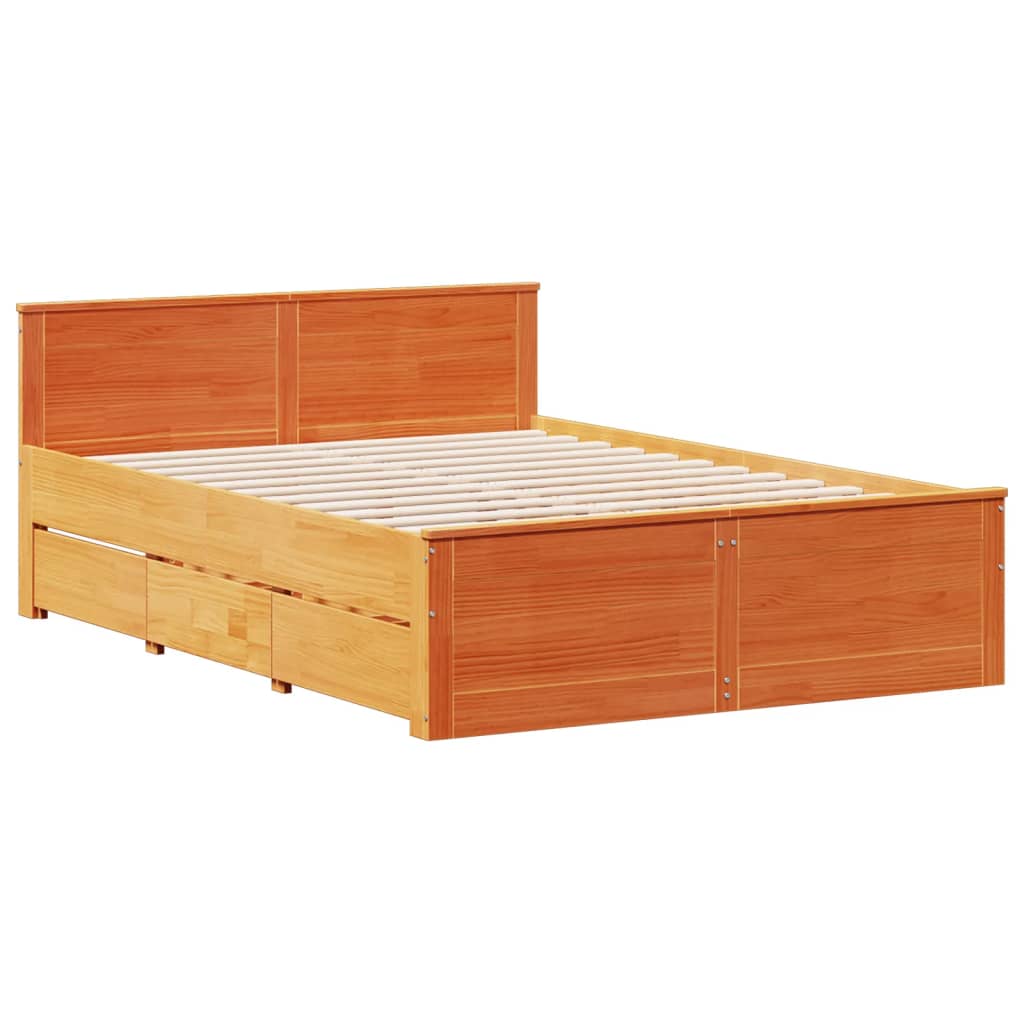 Seng med bokhylle uten madrass voksbrun 140x200 cm heltre furu