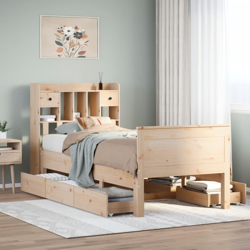 Seng med bokhylle uten madrass 90x200 cm heltre furu