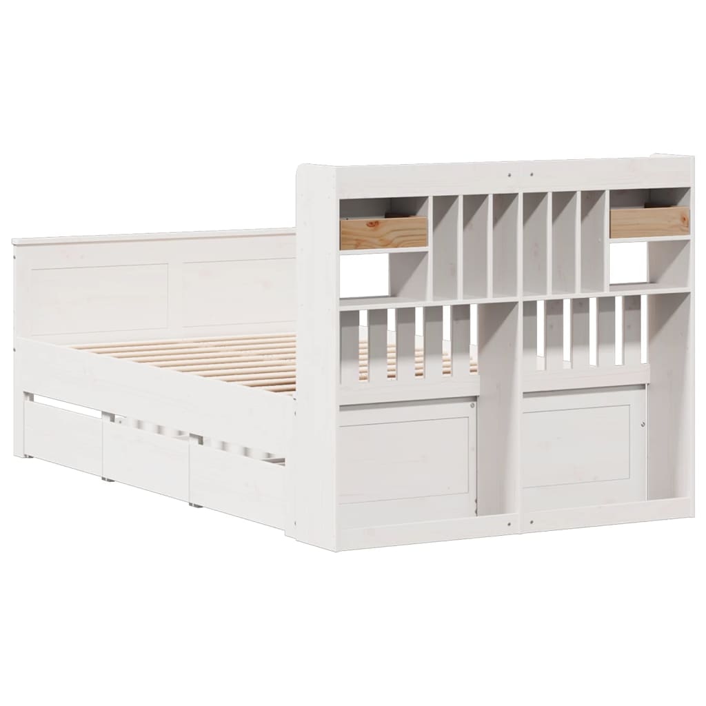Seng med bokhylle uten madrass hvit 135x190 cm heltre furu